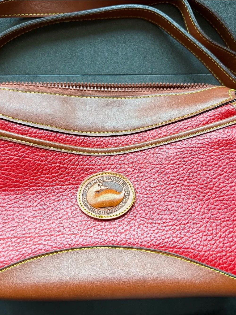 Dooney & Bourke Red Pebbled Leather Shoulder Bag with Brown Trim